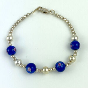 New Women's Sterling Silver 925 Floral Art Blue Glass Beaded Bracelet 7"